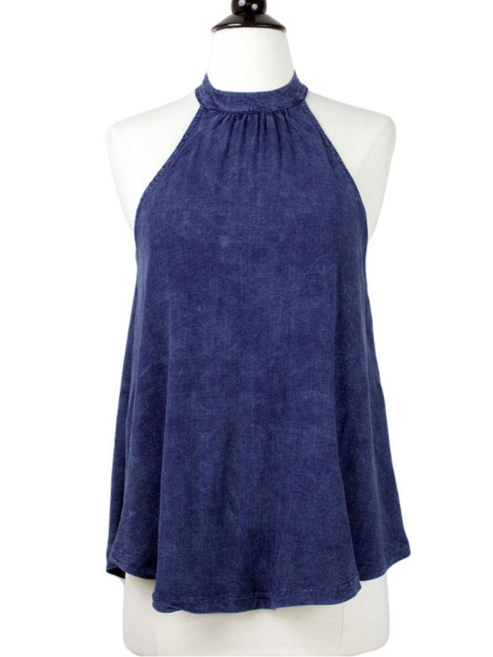 Deep Blue Mineral Wash Halter Neck Open Tie Back Tank, Denim-stule Large